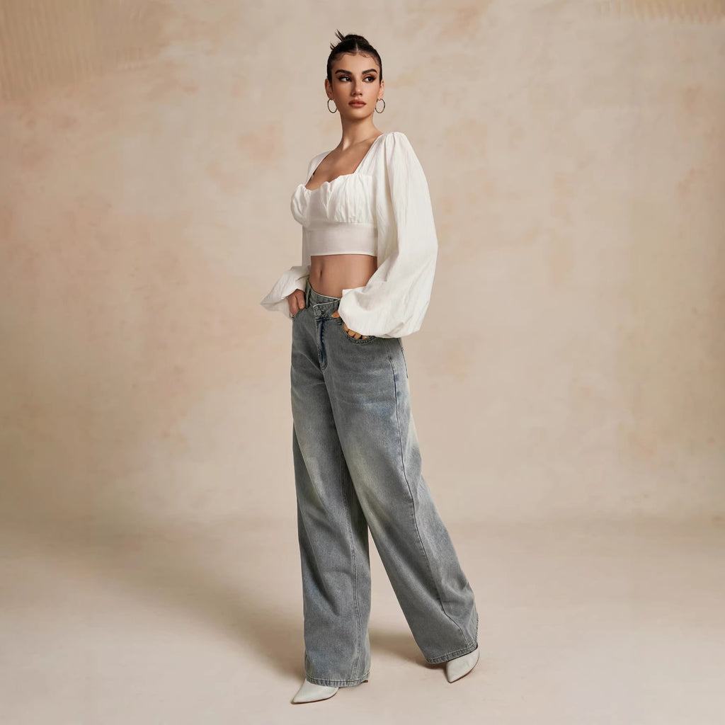 Light Blue Mid-Rise Loose Flared Denim Trousers