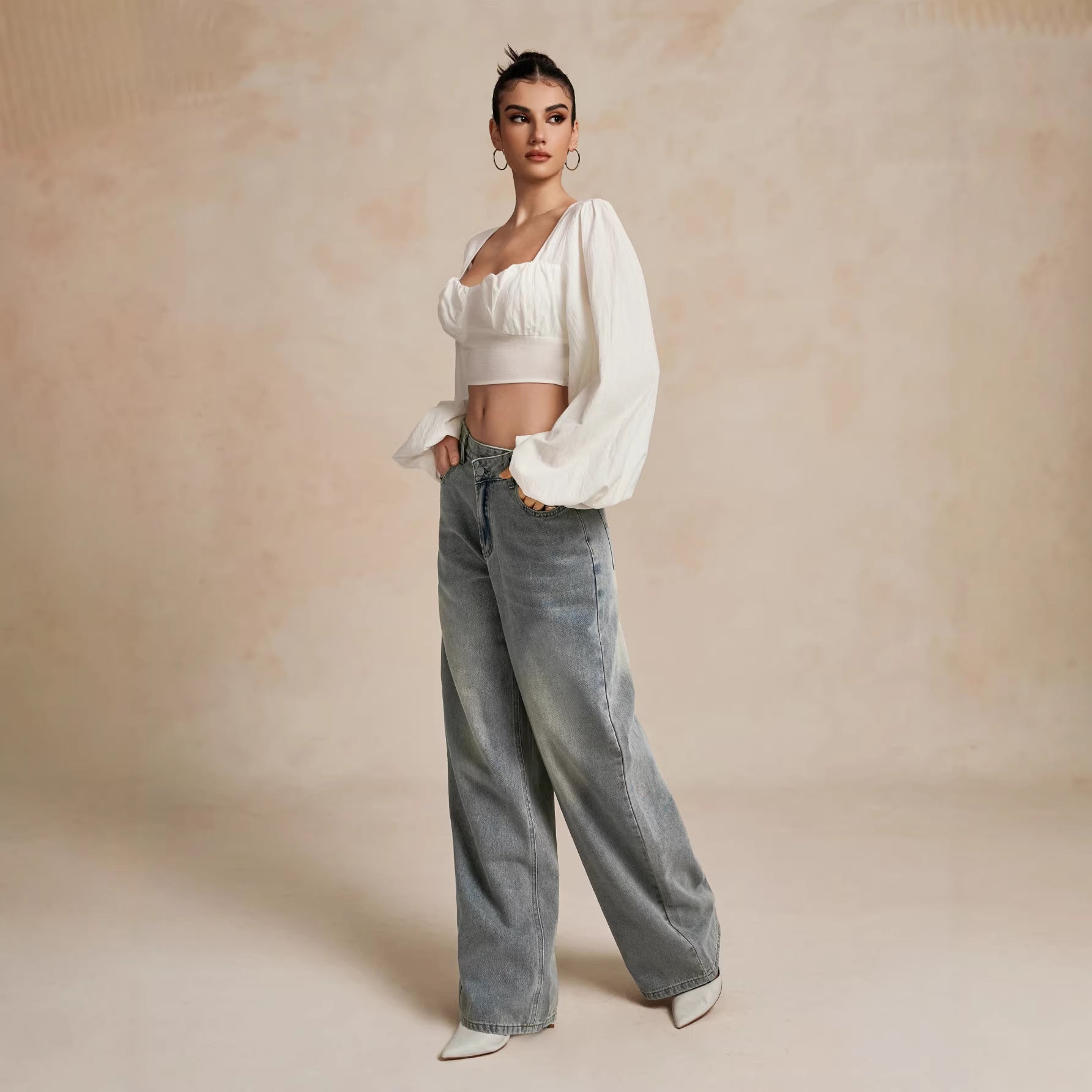 Light Blue Mid-Rise Loose Flared Denim Trousers