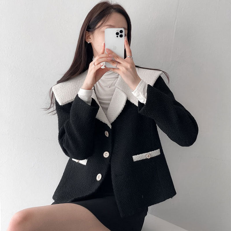 Navy Collar Short Long Sleeve Tweed Coat Top In Contrasting Colors