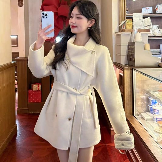 Premium Thick Wool Waist-Cropped Petite Coat in Beige, Black & Red