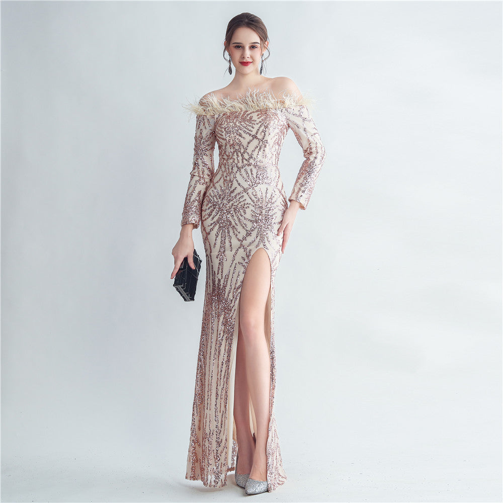 High-Density Ostrich Feather Sequin Off-Shoulder Long Sleeve Fishtail Evening Dress