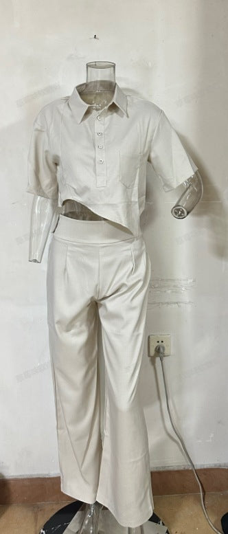 Light Gray Irregular Top & Casual Pants Suit – Polyester, S-XXL, Japanese Korean Style
