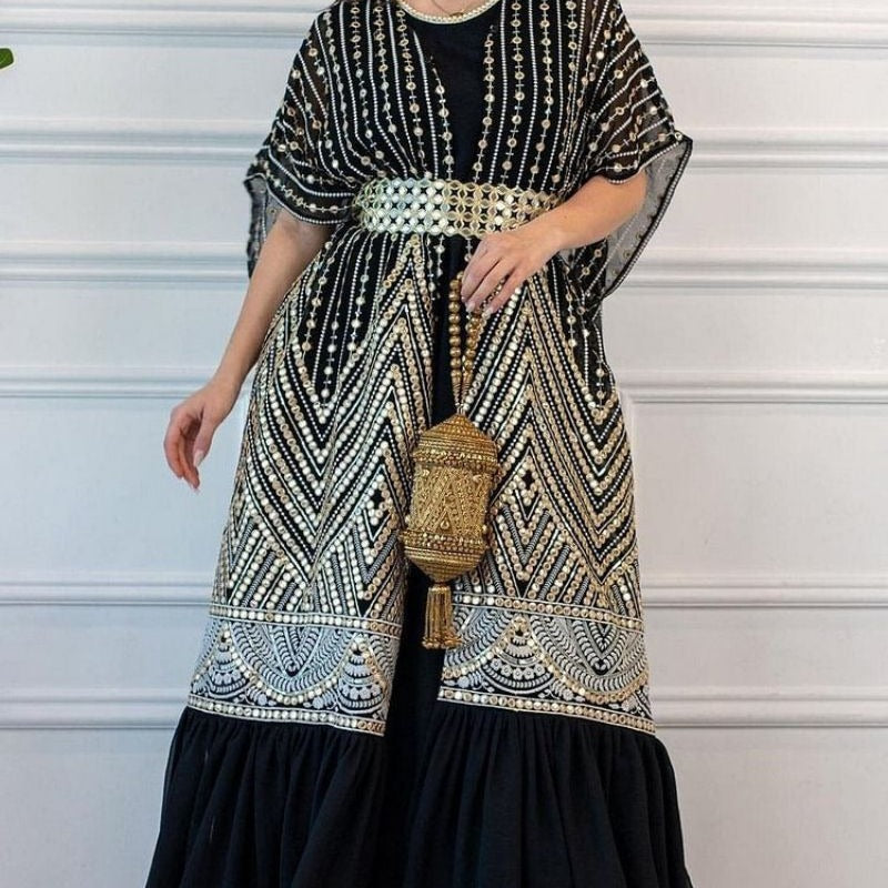 Printed Tape Belt Two-piece Abaya for Arabian Women