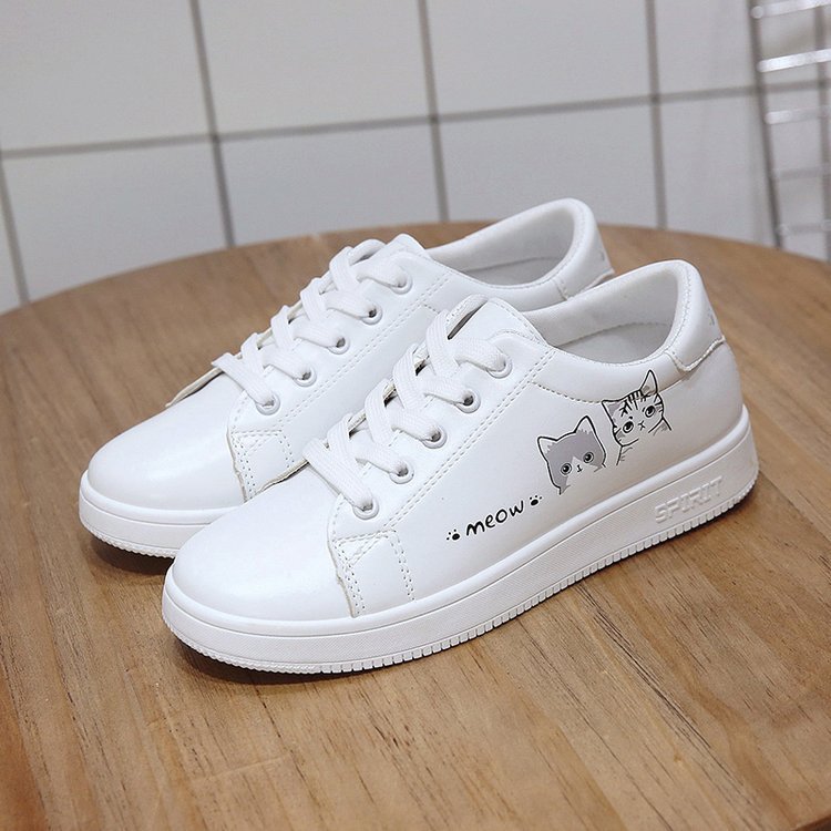 Women's White Leather Flat Shoes Small Size Cat Design