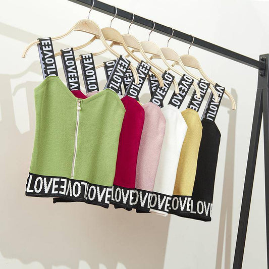 Short English Letter Knit Halter Pearl Zipper Small Vest