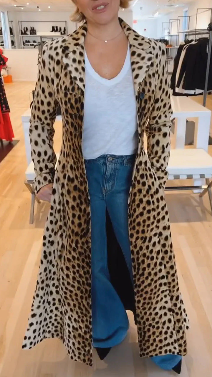 Women's Leopard Print Lapel Coat Casual Trench
