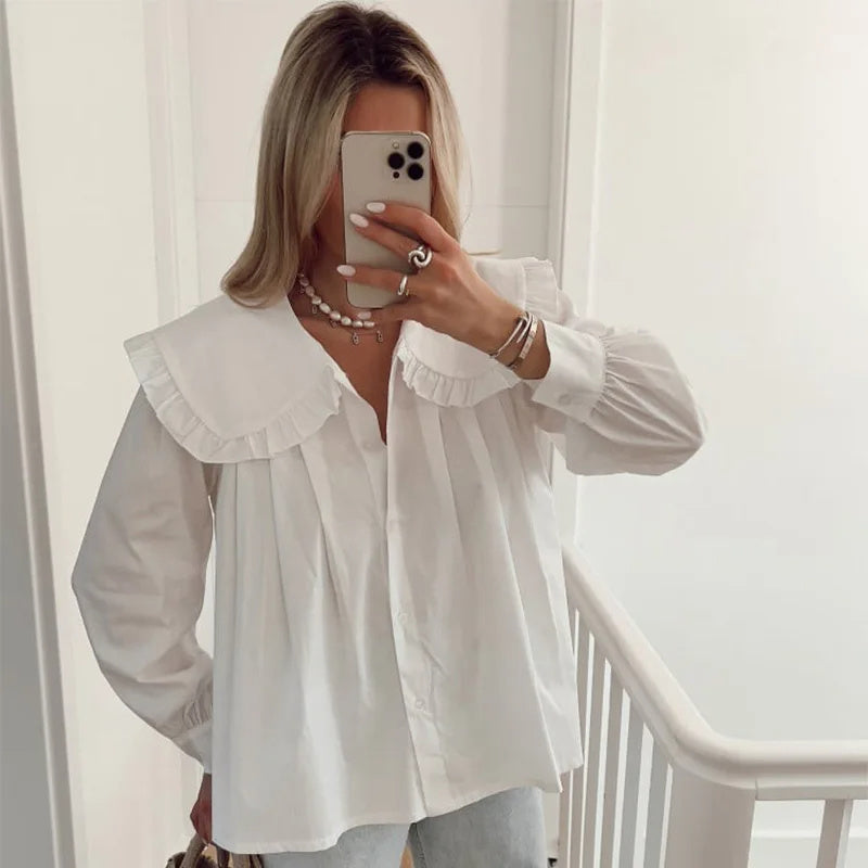 Women's Doll Collar Long-Sleeve Casual Shirt Polyester S-XL