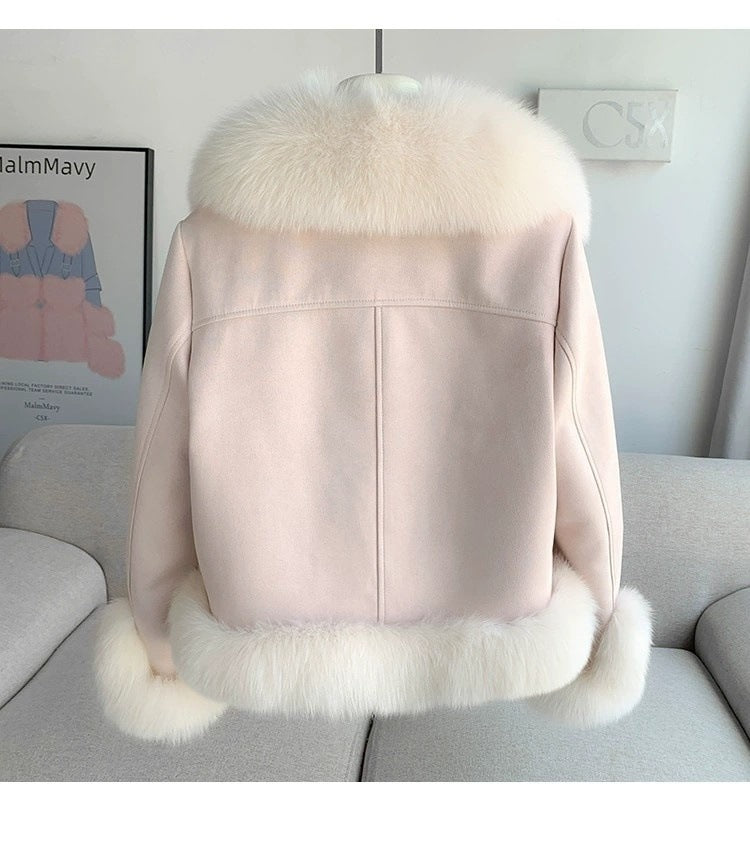 Manteau de fourrure rose abricot kaki pour femme avec manches volantées