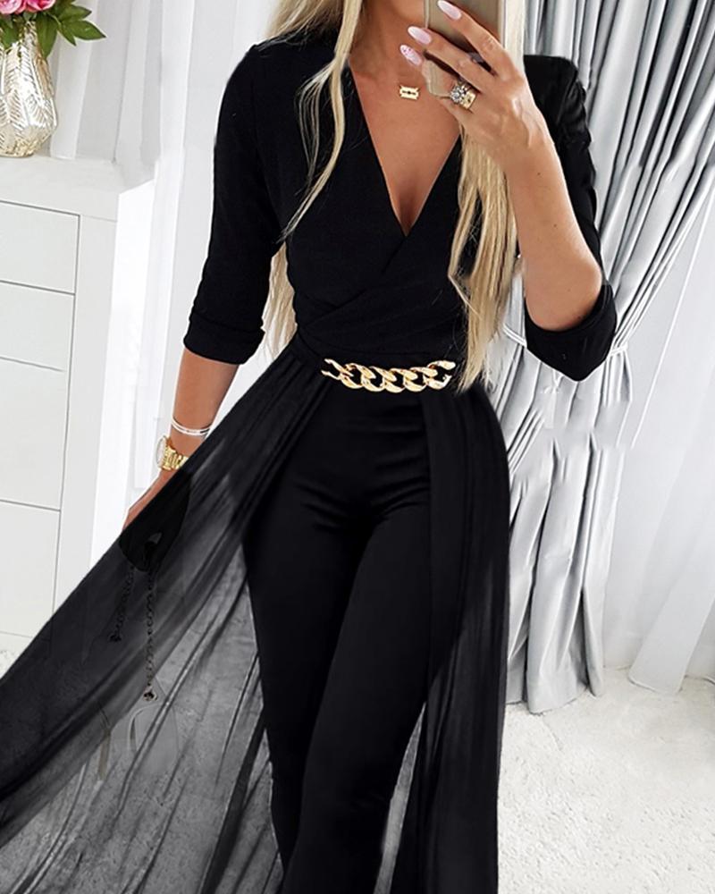 Women's Black Mesh Patchwork V-Neck Jumpsuit