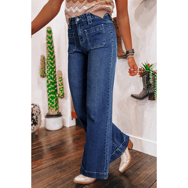 Pantalon droit femme taille haute bleu foncé style rétro