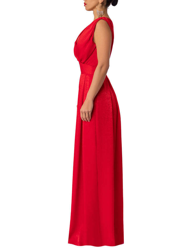 Combinaison unie col en V taille haute jambes larges