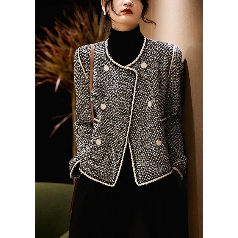 Double Breasted Tweed Western Style Short Coat for Women, Black & White, S-2XL