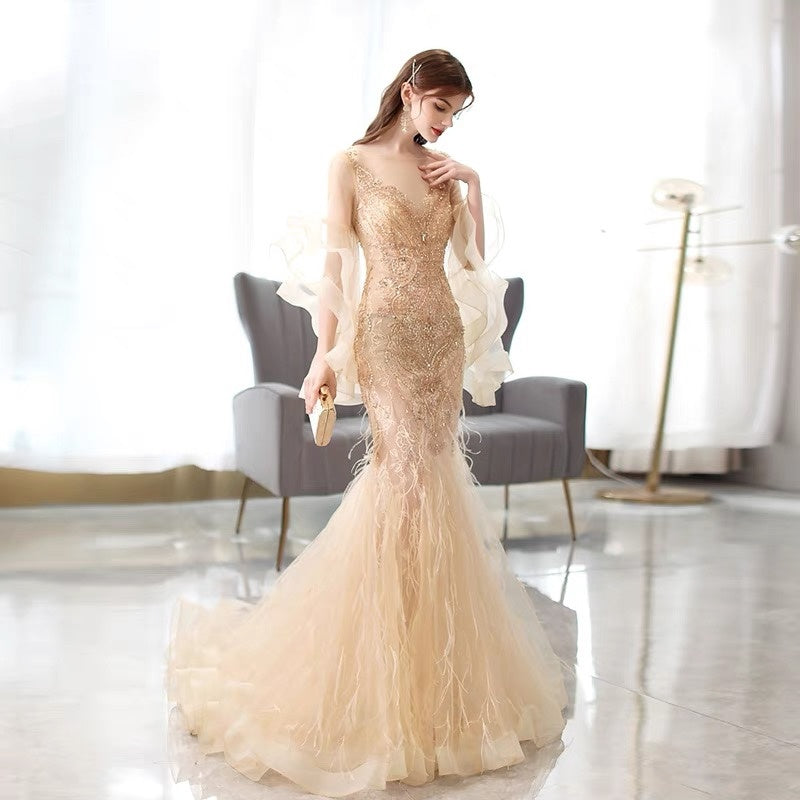 Golden Mermaid Evening Dress with Zipper, Mid Waist, 3/4 Sleeves, XXL Available