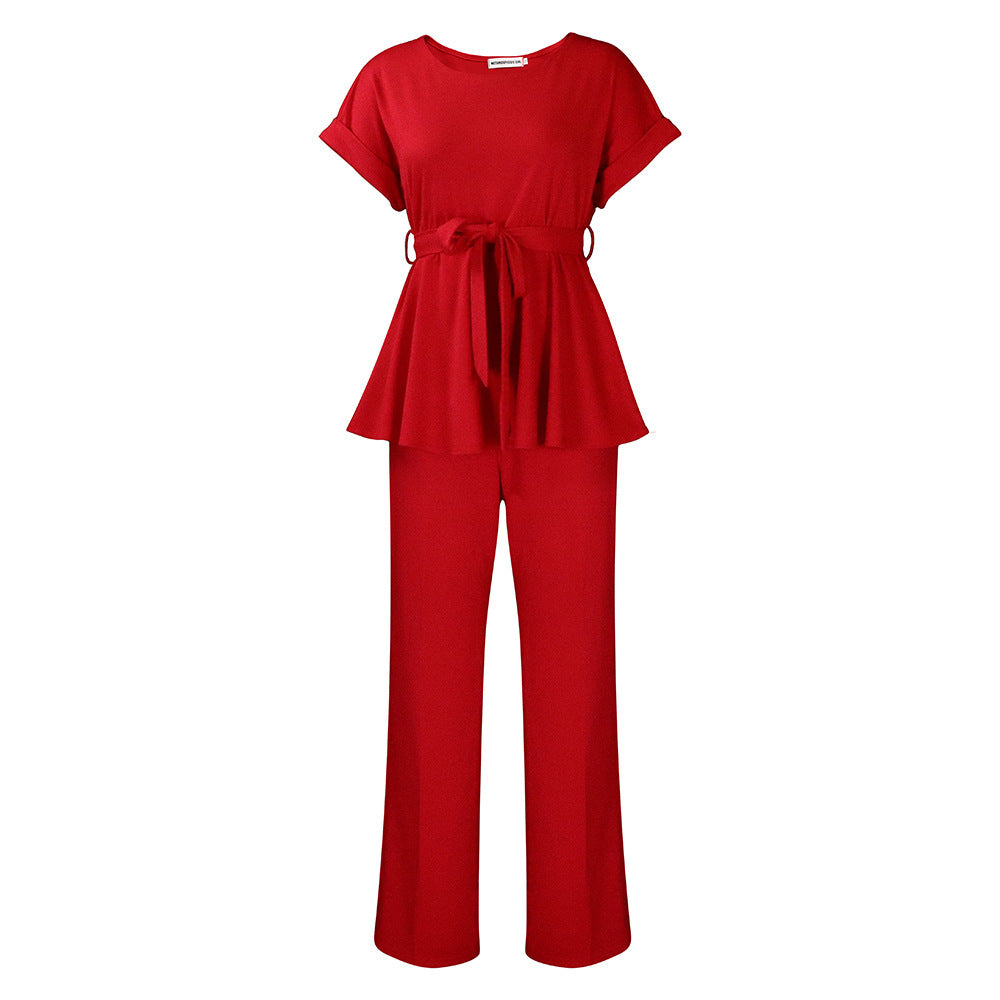 Solid Color Lace-Up Top & High Waist Wide Leg Pants Set