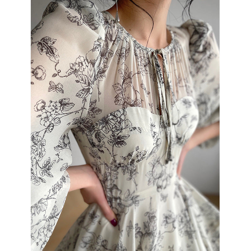 French Evening Dress Chiffon Waist Print Polyester Fiber