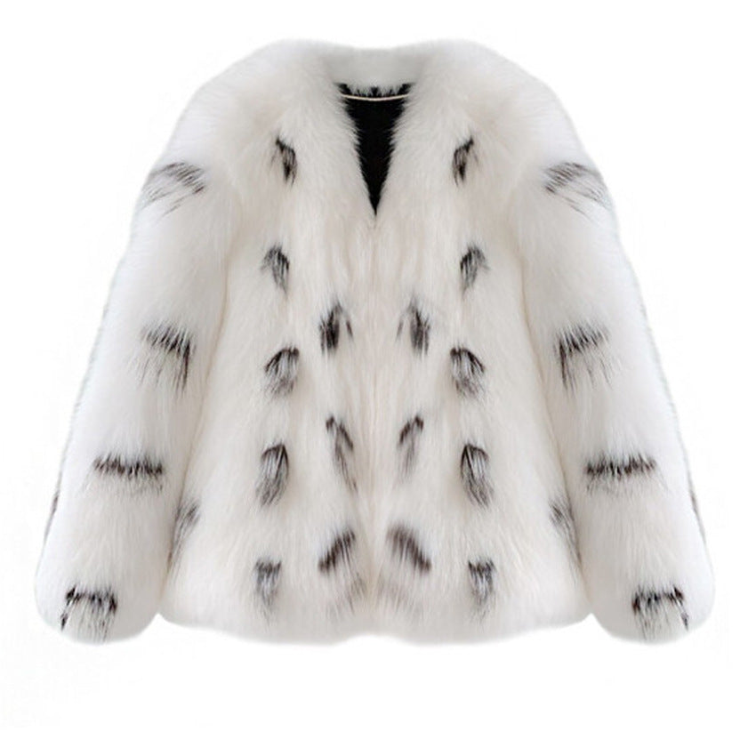 Women's Plus Size Korean-Style Slim-Fit Faux Raccoon Fur Coat Black & White