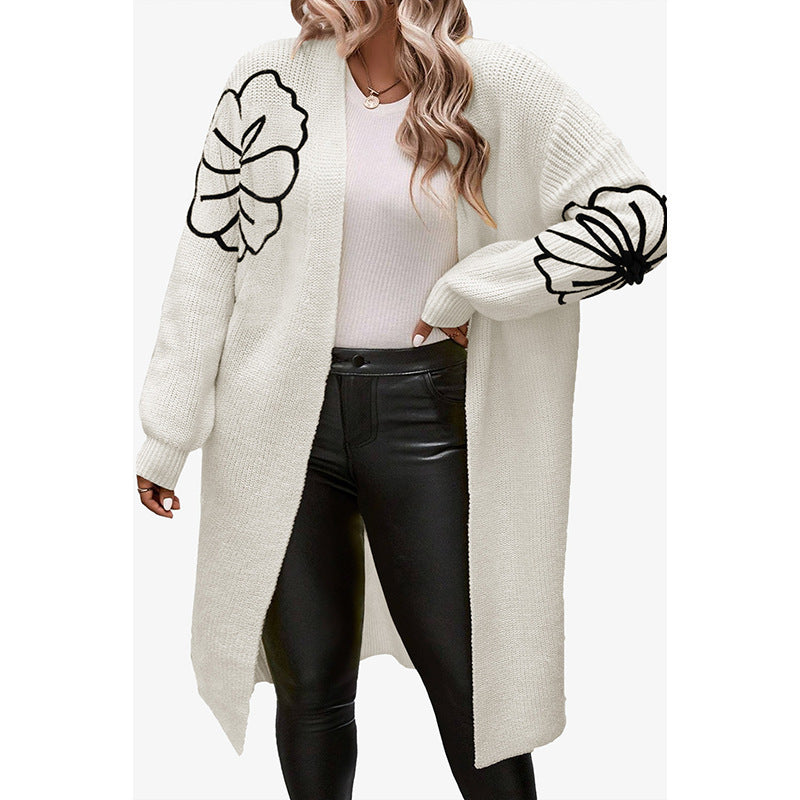 Women's Medium-Length Flower Embroidered Cardigan Sweater