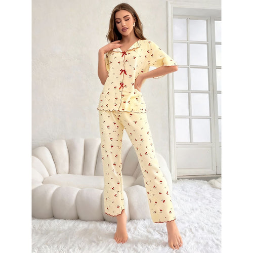 Women's Crew-Neck Cherry Print Short-Sleeve Top & Full-Length Pants Set