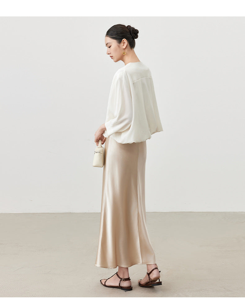 Women's Elegant Silk High Waist A-Line Skirt in Champagne & Black