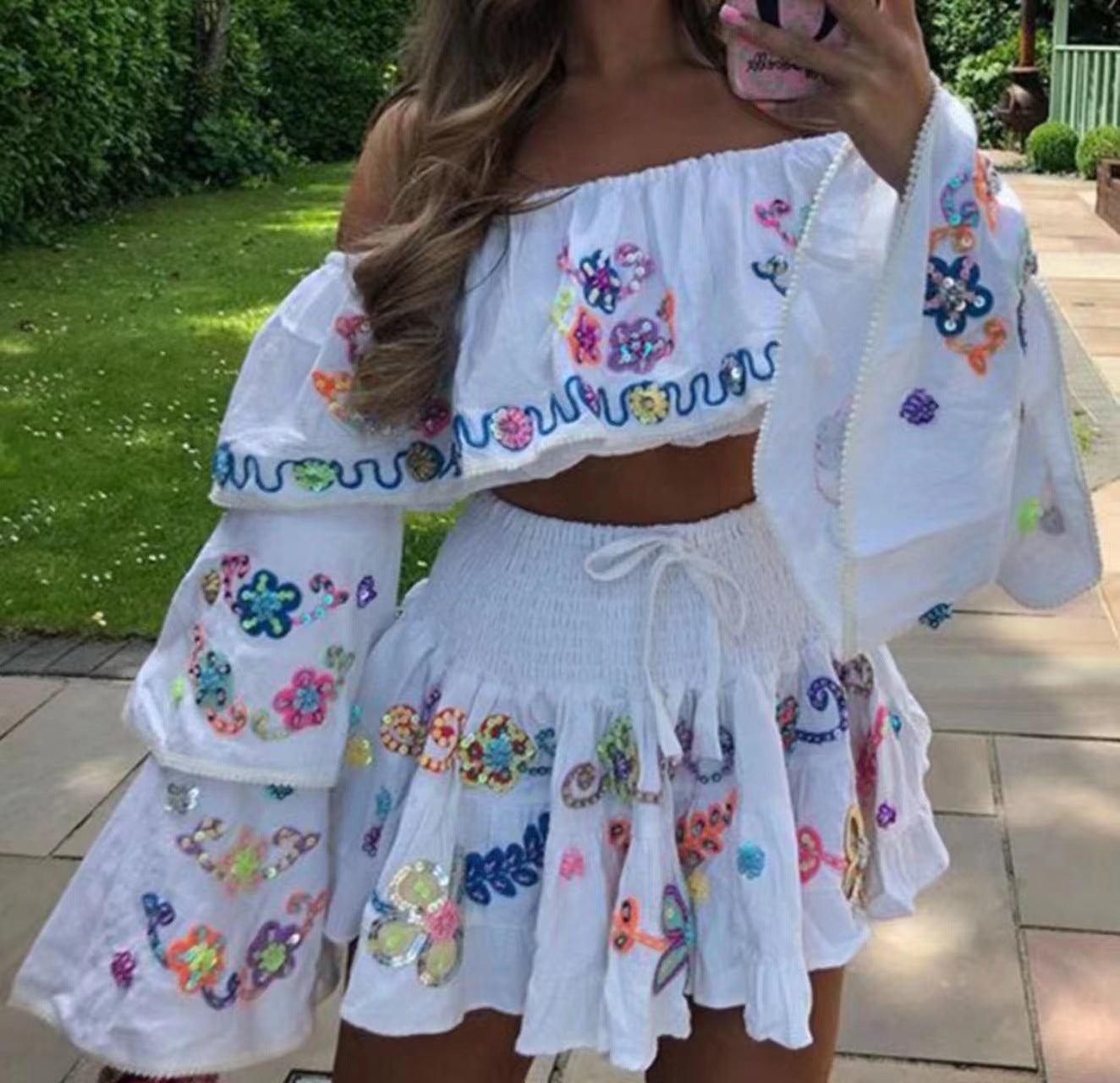 Ensemble jupe et haut évasé en coton et lin blancs pour femme