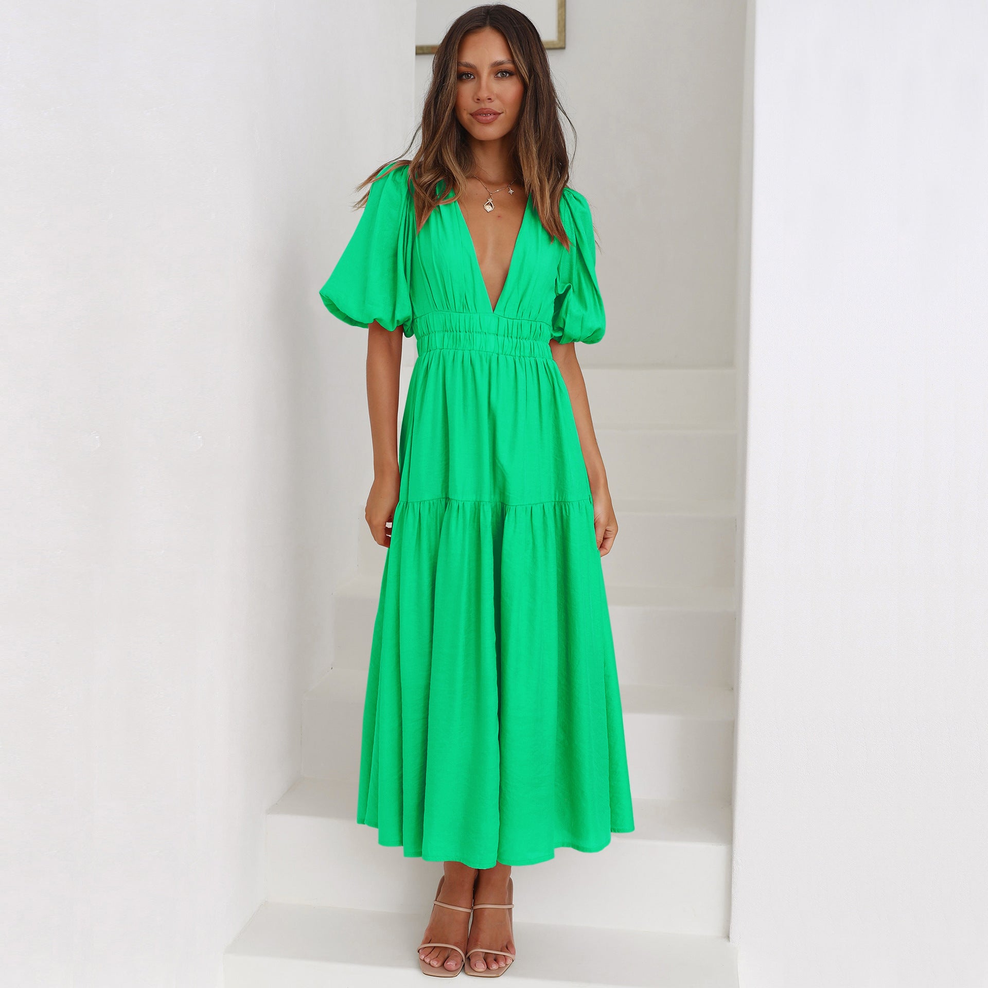 Deep V Puff Sleeve High Waist Flounced Dress for Women