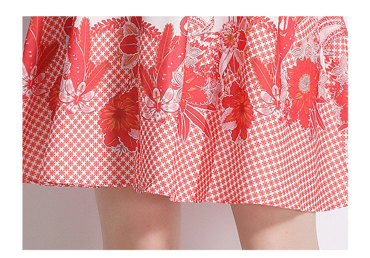 Women's Elegant Retro Print Lantern Sleeve Neck Waist Dress