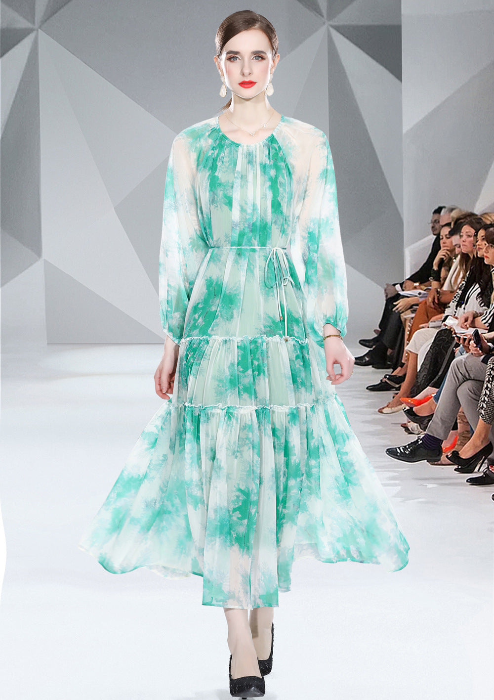 Long Sleeve Lacing Printed Chiffon Dress in Green & Yellow, Sizes M-2XL