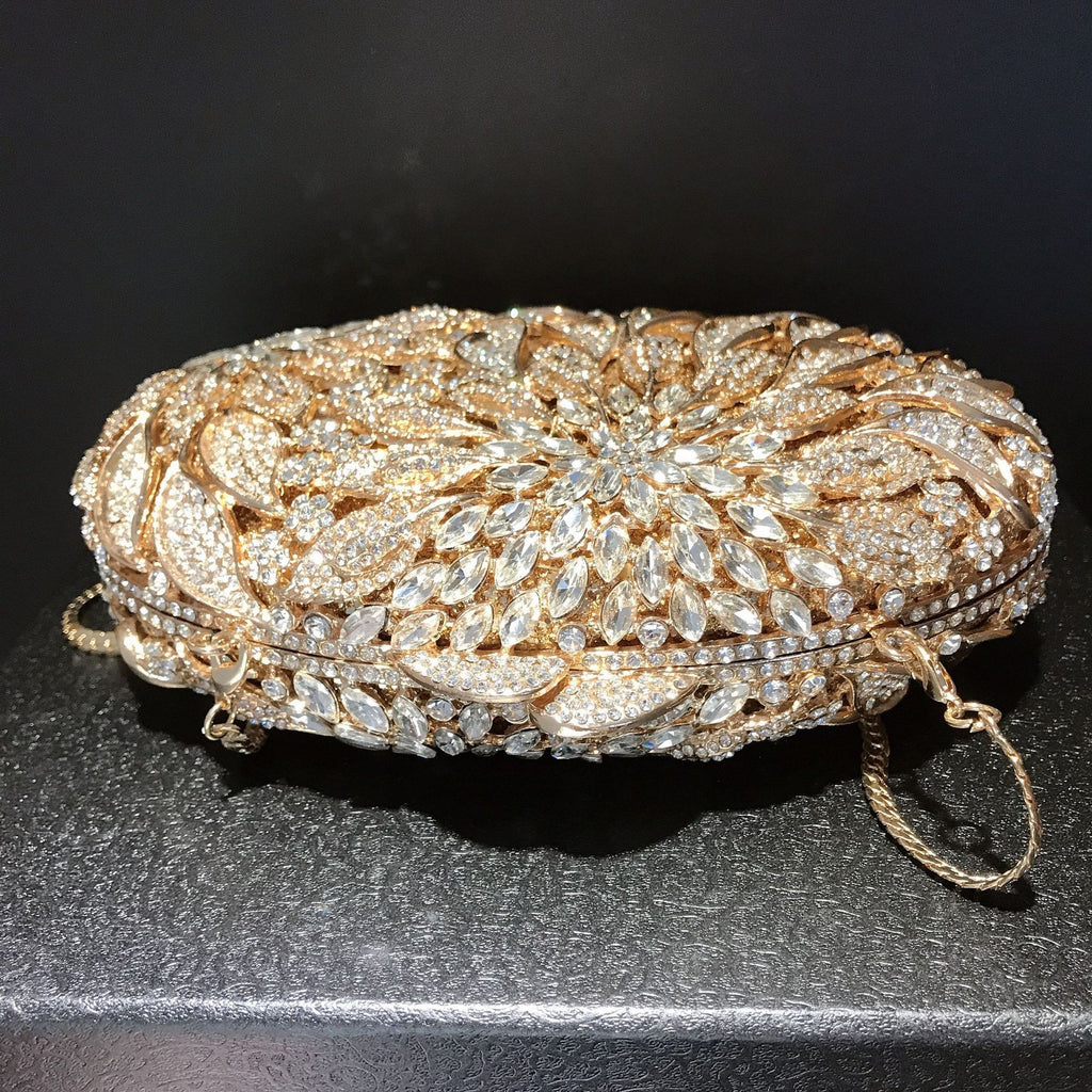 Leaf Flower Diamond Inlaid Hard Oval Dinner Bag