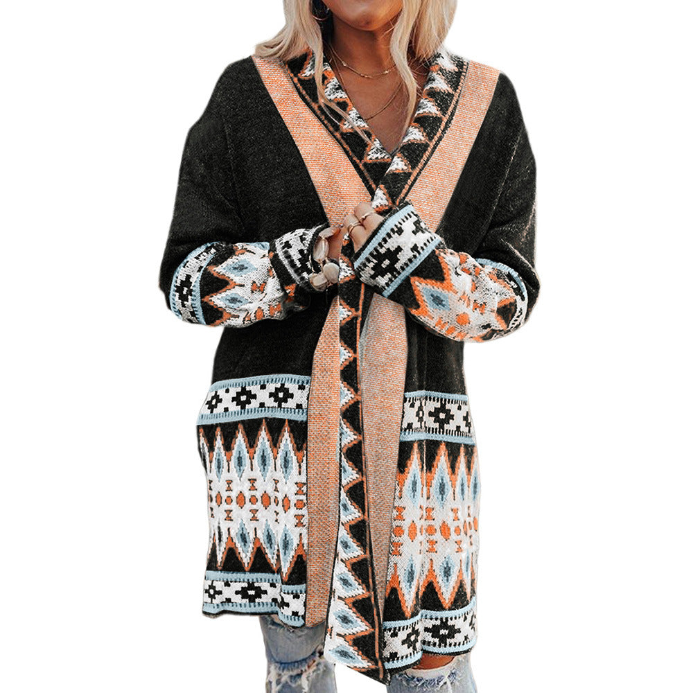 Manteau pull mi-long ethnique pour femme, plusieurs couleurs