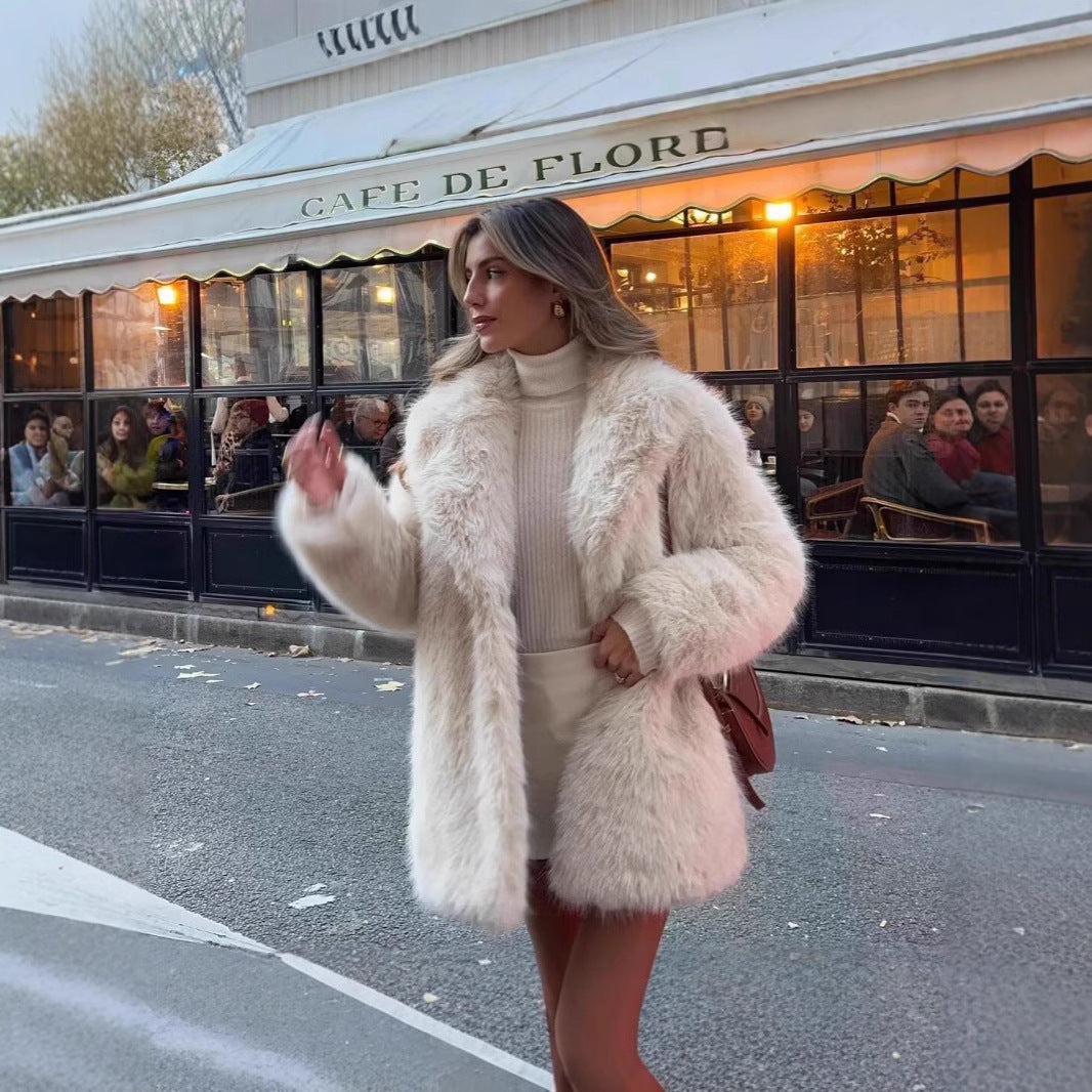 Women’s Thick Artificial Fur Warm Coat with Fur Collar