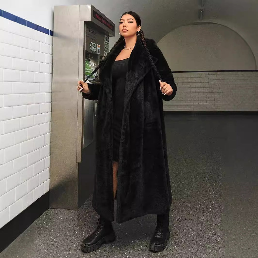 European & American Women's Black Long-Cut Coat Polyester XL-5XL