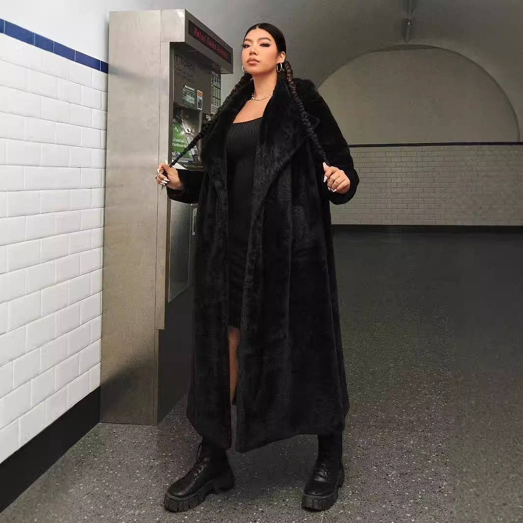 European & American Women's Black Long-Cut Coat Polyester XL-5XL