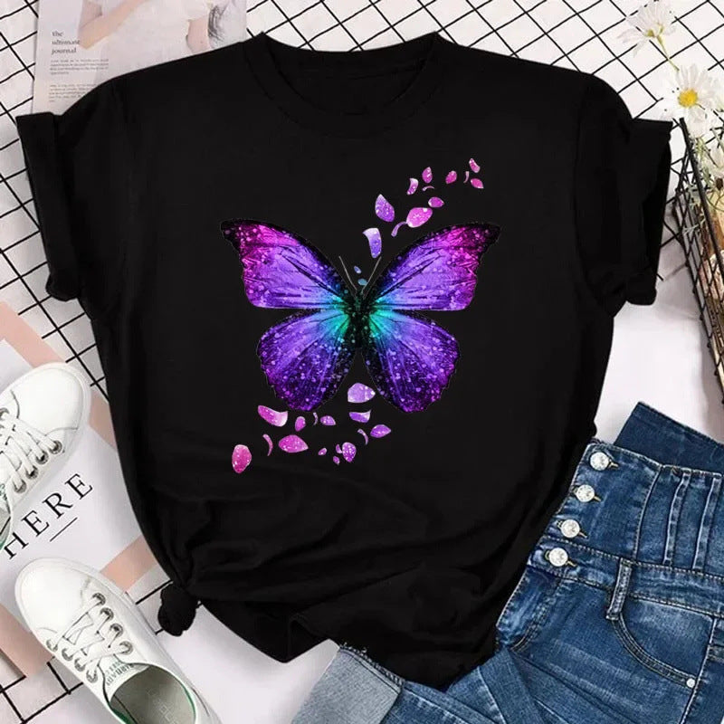 Colorized Butterfly Petal Printed T-shirt Short Sleeve Round Neck