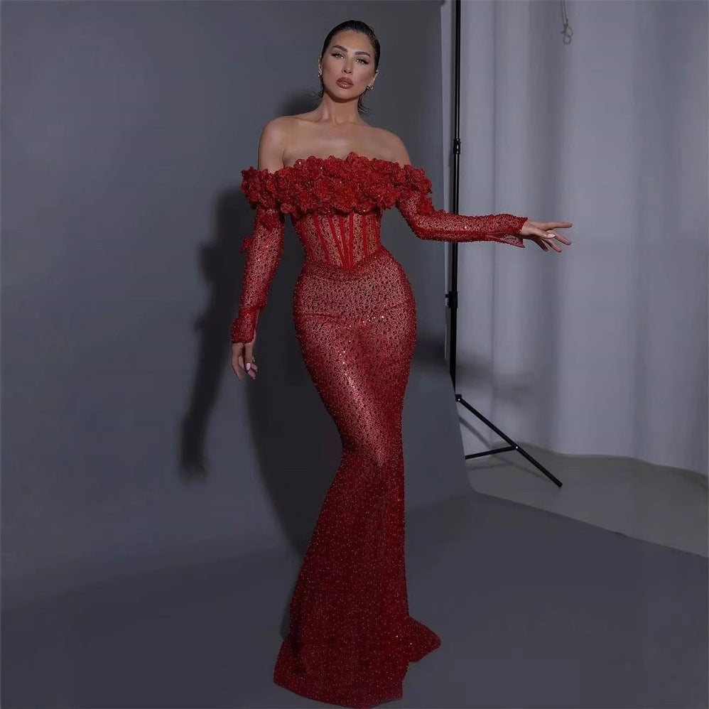 Women's Dark Red Slim-Fit Sequined Skinny Dress