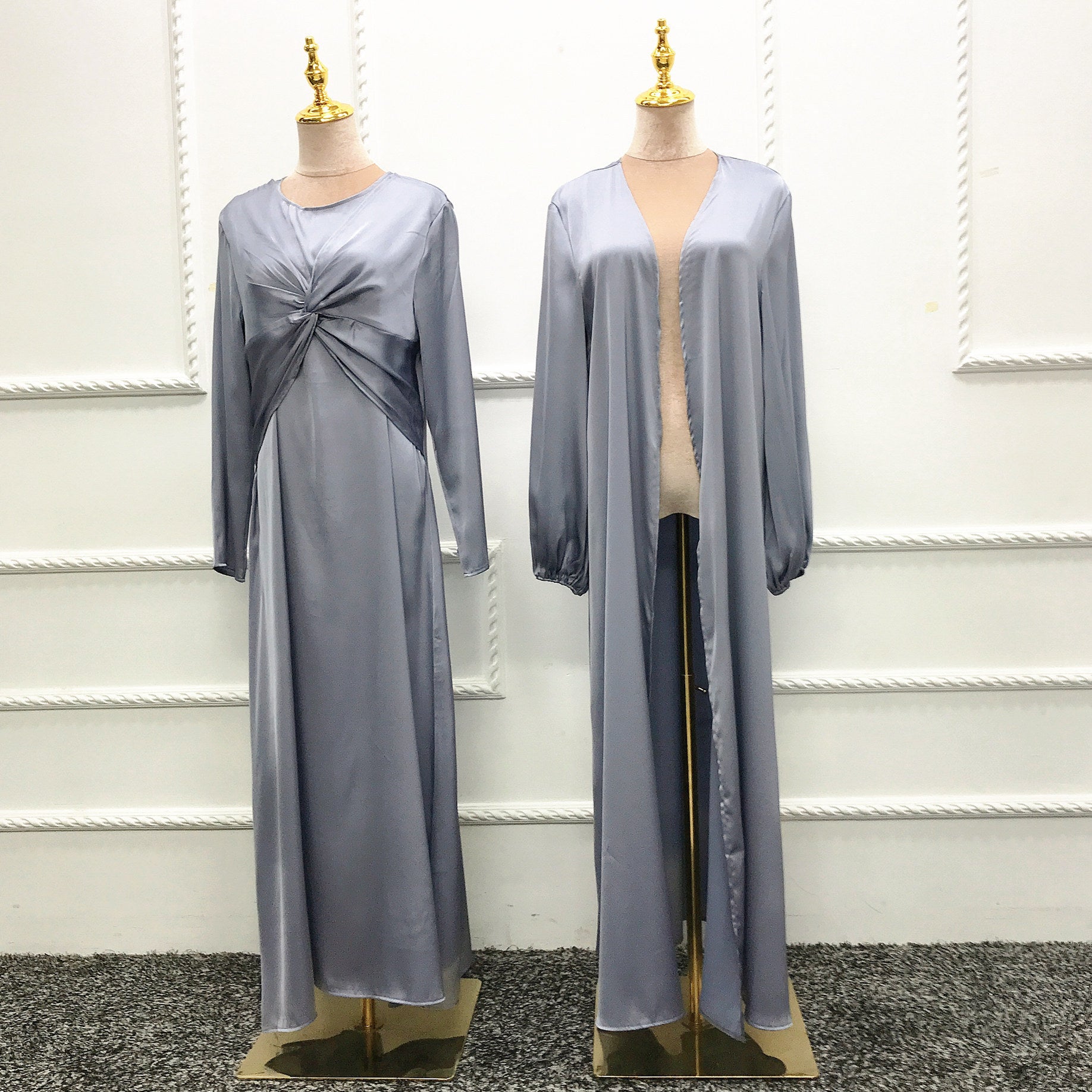 Turkey Dubai Fashion Solid Color Two-Piece Dress Cardigan Set for Middle Eastern Women
