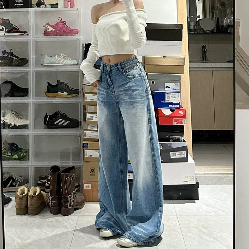 Retro Washed High Waist Wide Leg Denim Jeans for Women
