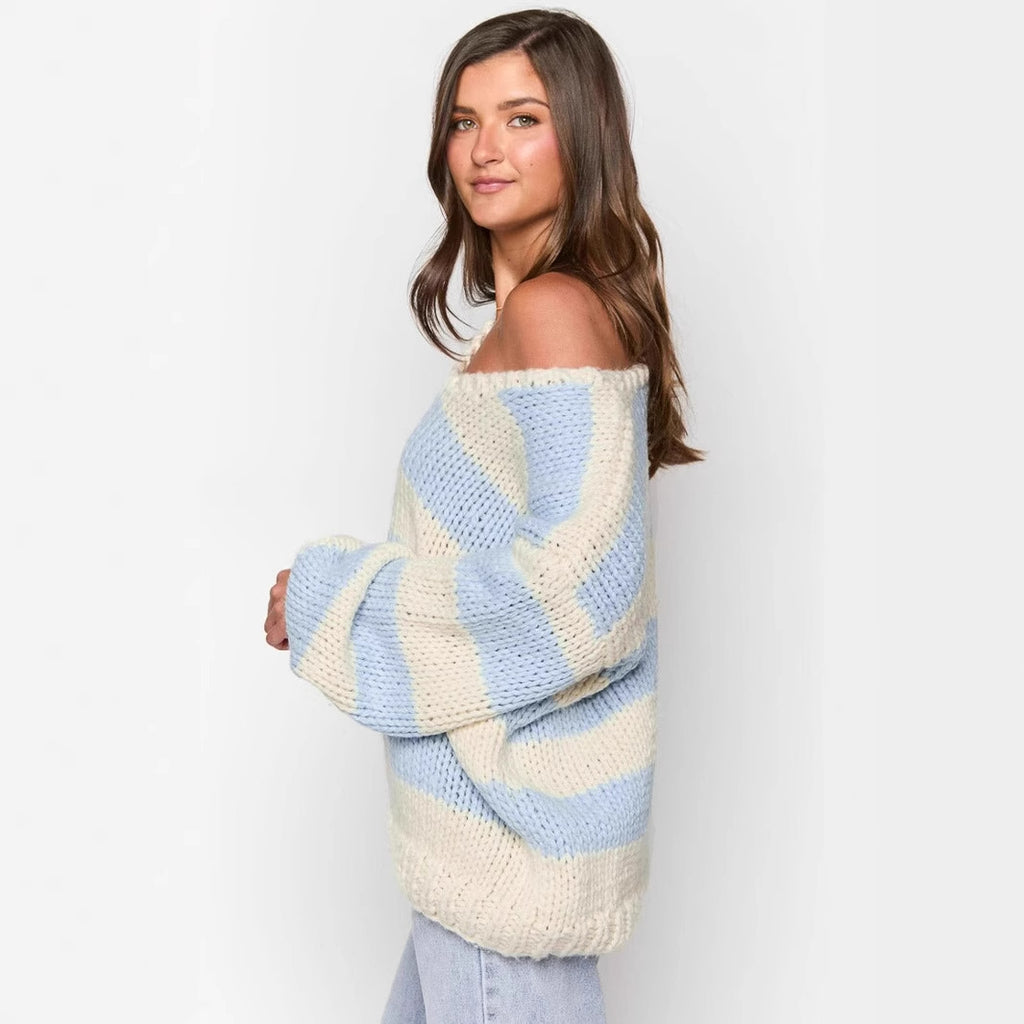 Loose Knitted Pullover Sweater with Oblique Shoulder for Fall Winter