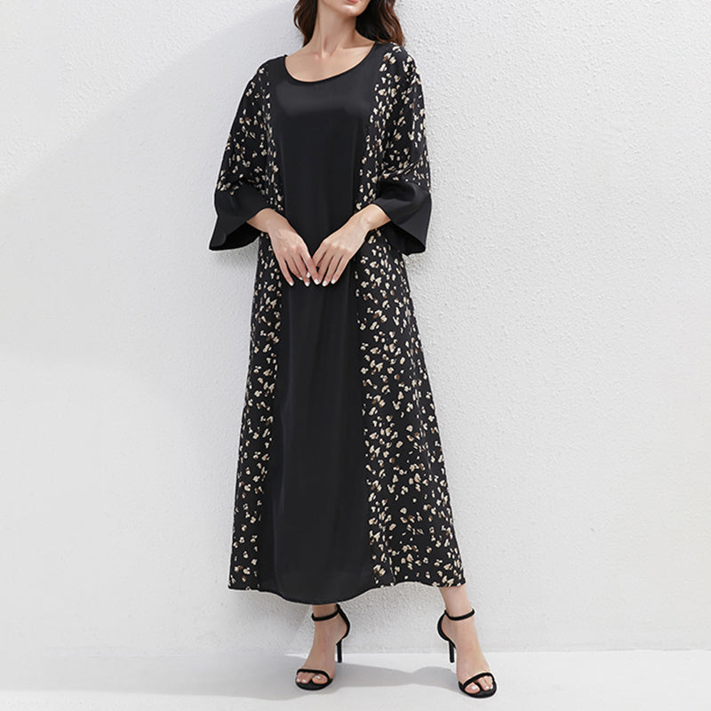 Robe Femme Grande Taille Noire Imprimée à Ceinture en Polyester