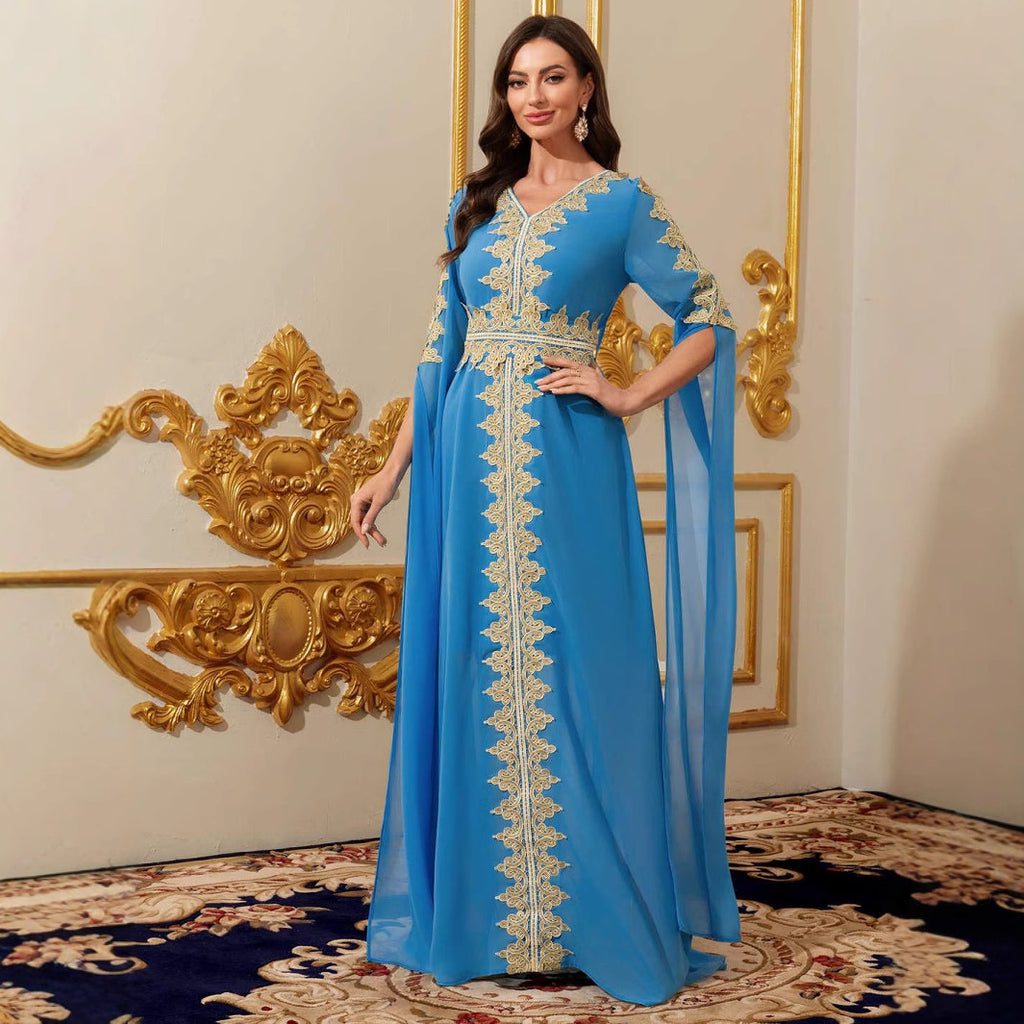 Middle East Women's Blue Lace Patchwork Long Dress with Half Sleeves