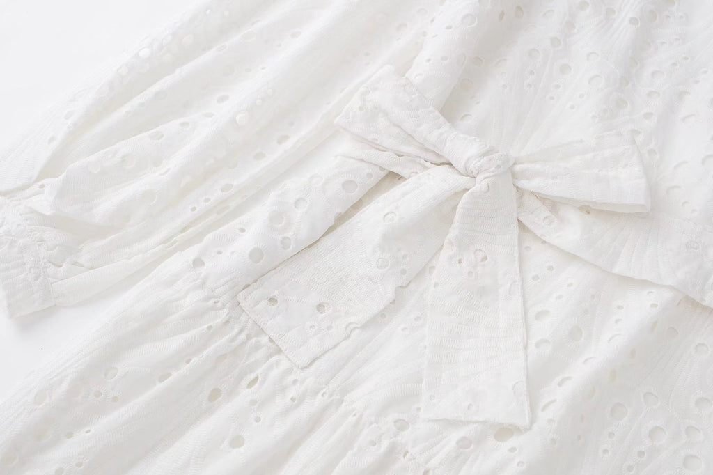 European & American White Cotton Embroidered Midi Dress with Long Sleeves and V-Neck