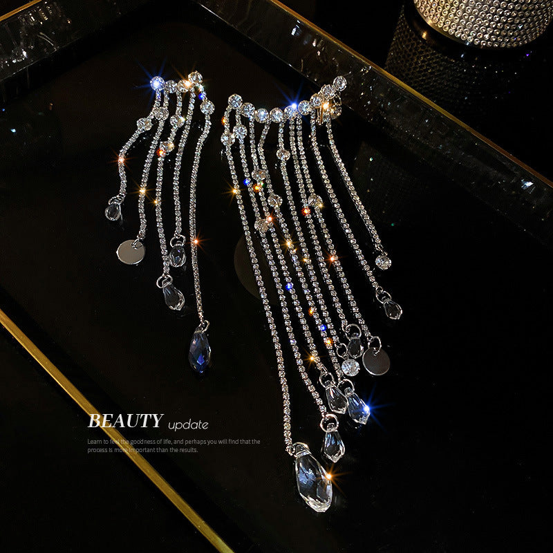 Silver Pin With Diamonds And Crystal Tassel Asymmetric Earrings Exaggerated