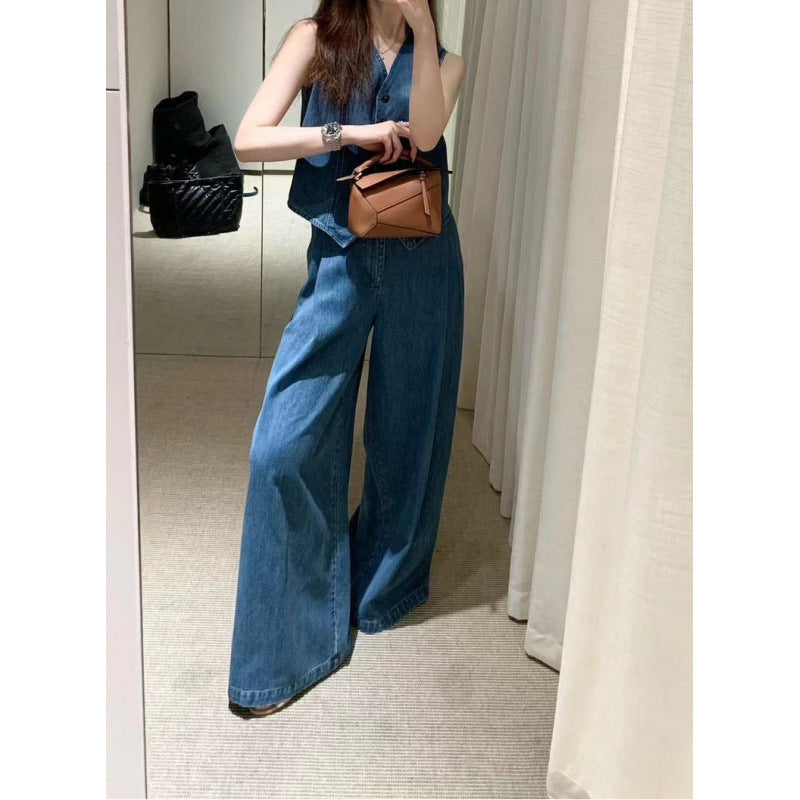 Blue Sleeveless Vest & Wide-Leg Pants Set for Women