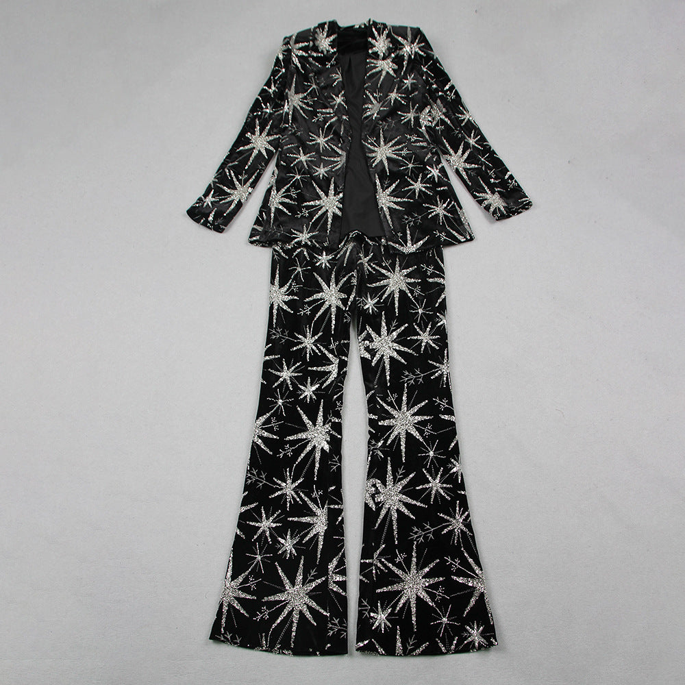 Fashion Women's Black Polyester Starfish Long Sleeve Three-Piece Suit S-XL