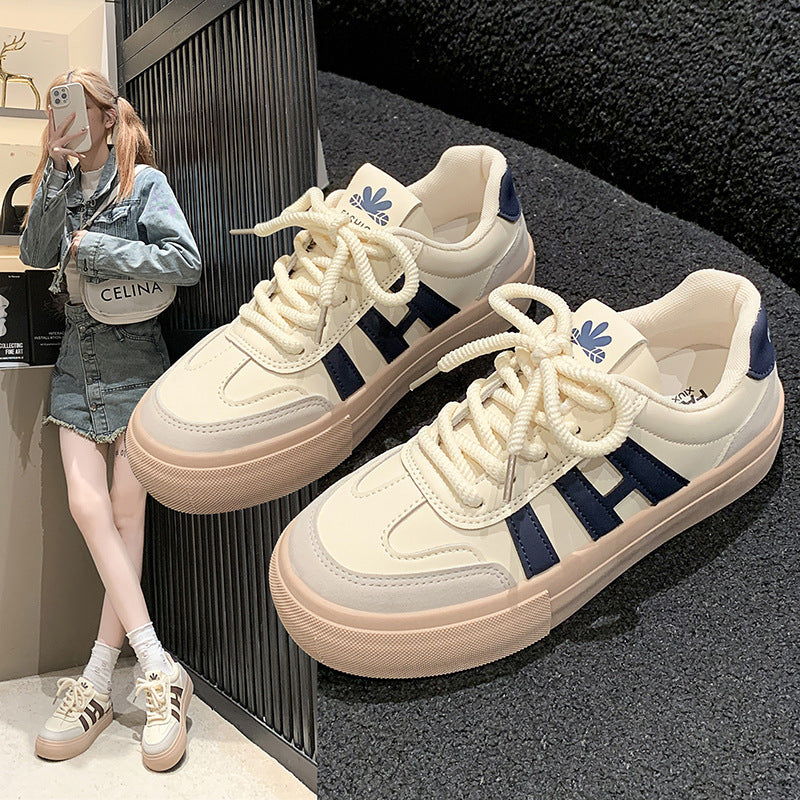 Thick-Soled Casual Lace-Up Sports Board Shoes for Students in Khaki & Blue