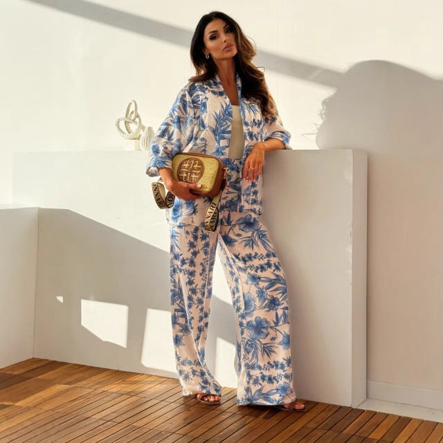 Women's Printed Chenille Long-Sleeve Top and Pants Set in Red & Blue