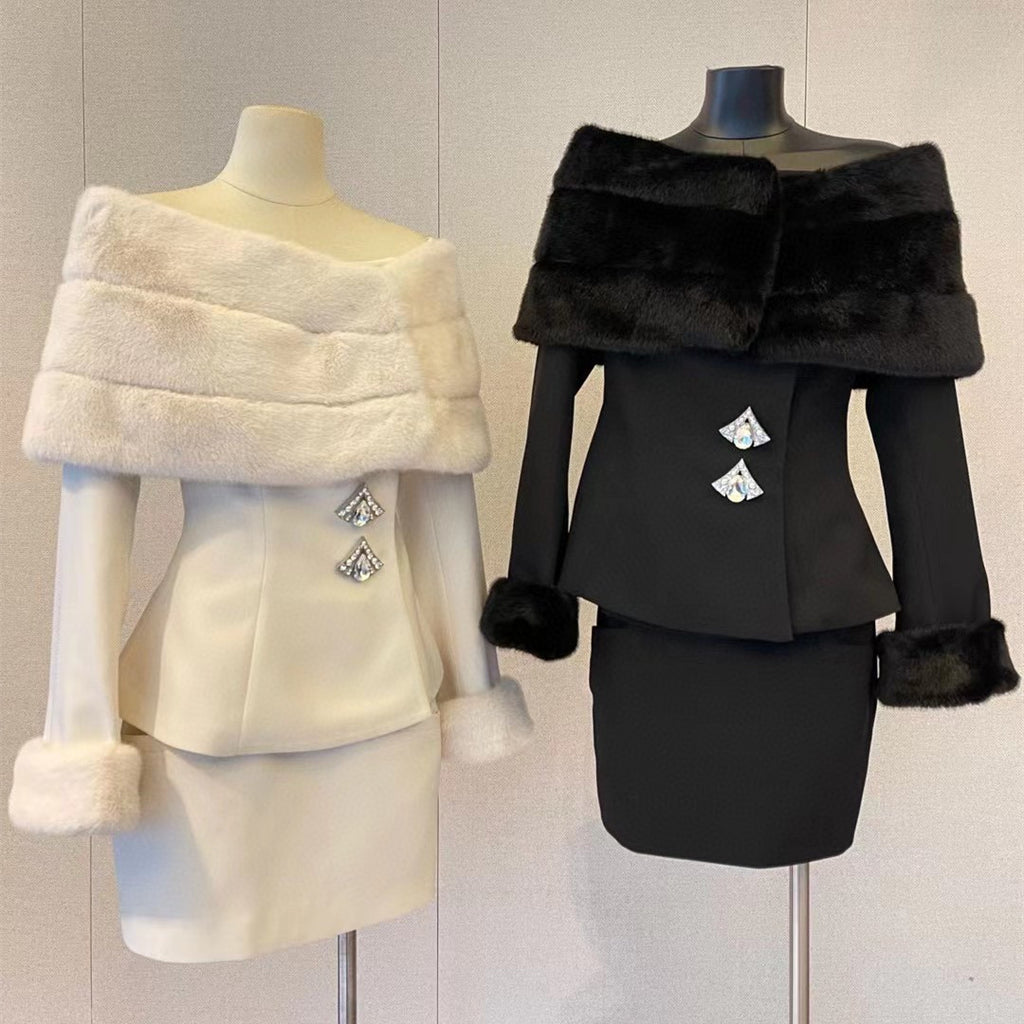 Early Spring Off-Shoulder Fur Short Coat and Skirt Set