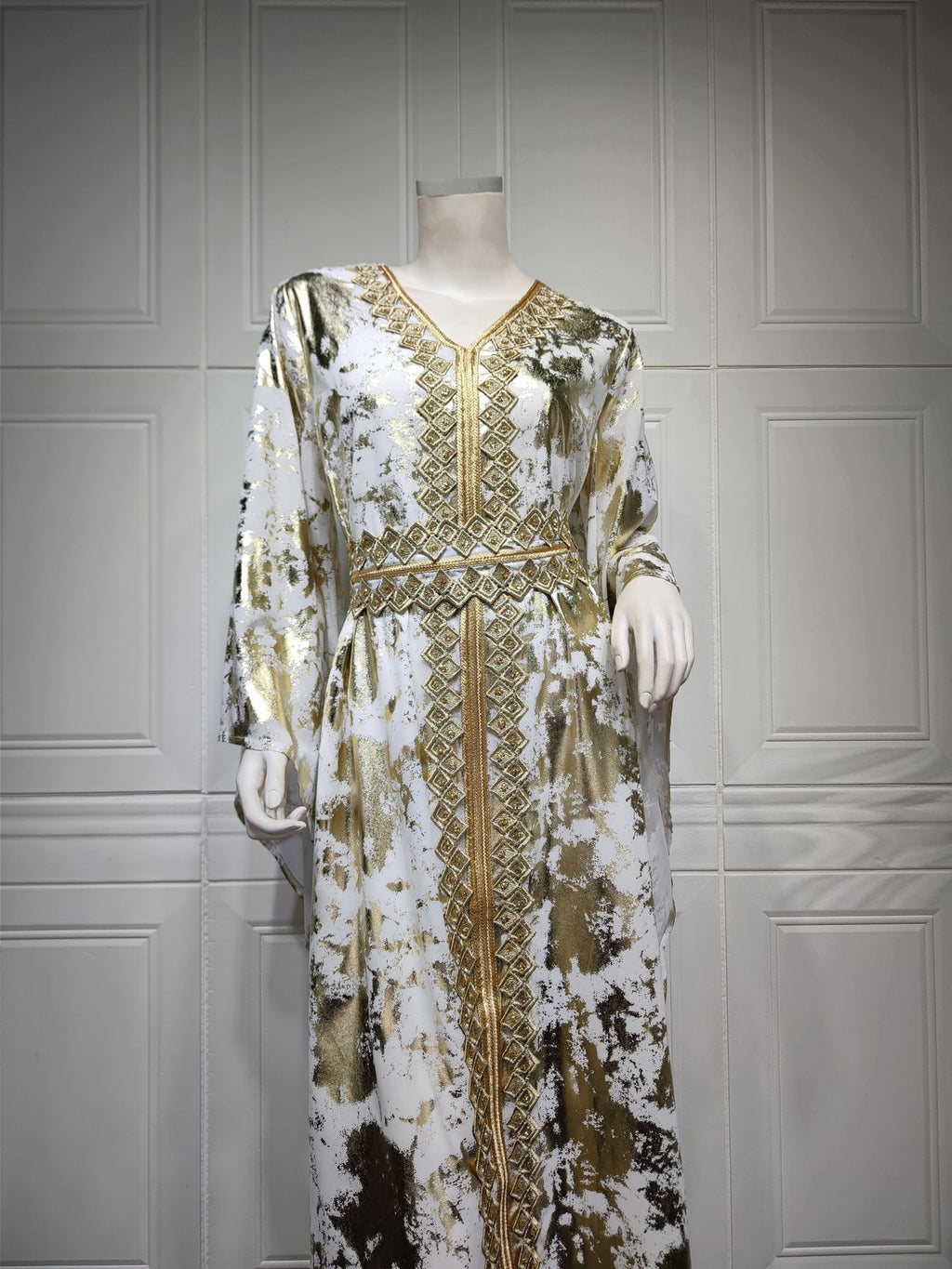 Muslim Chiffon Bronzing Long Sleeve Robe with Belt Dress