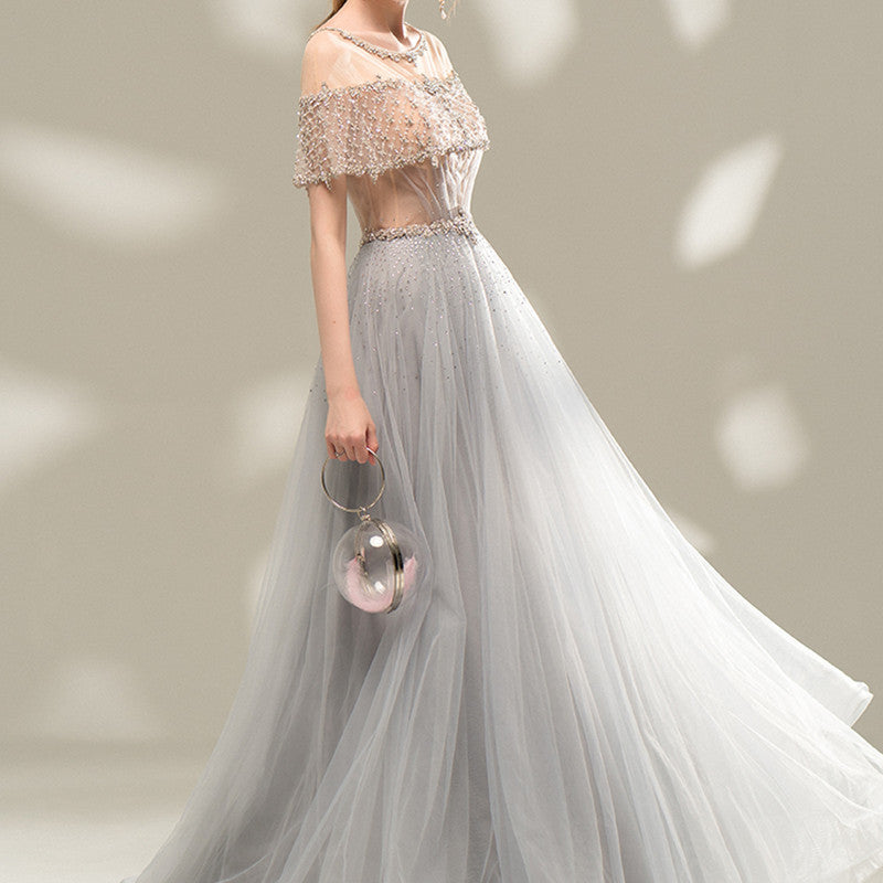 Robe de soirée longue grise pour femme, col U, jupe trapèze
