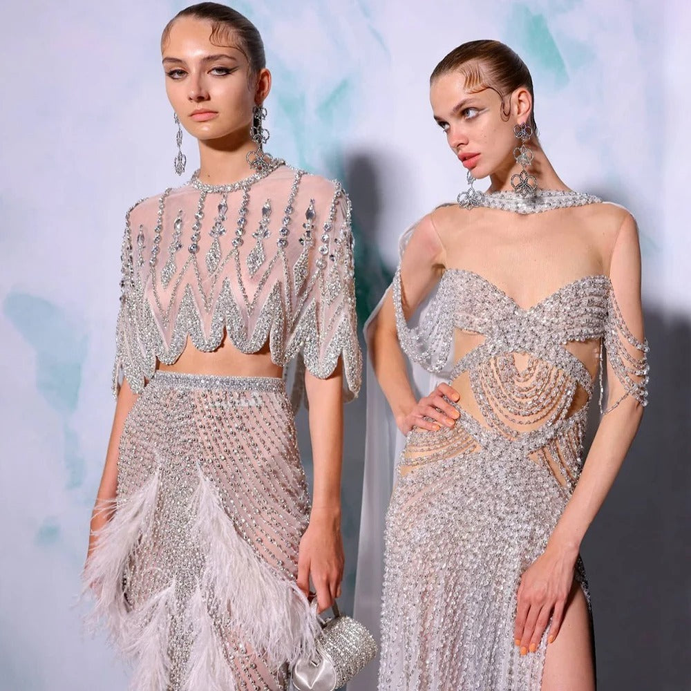 Silver Nude Slim-Fit Feather Beaded Organza Evening Dress for Ladies