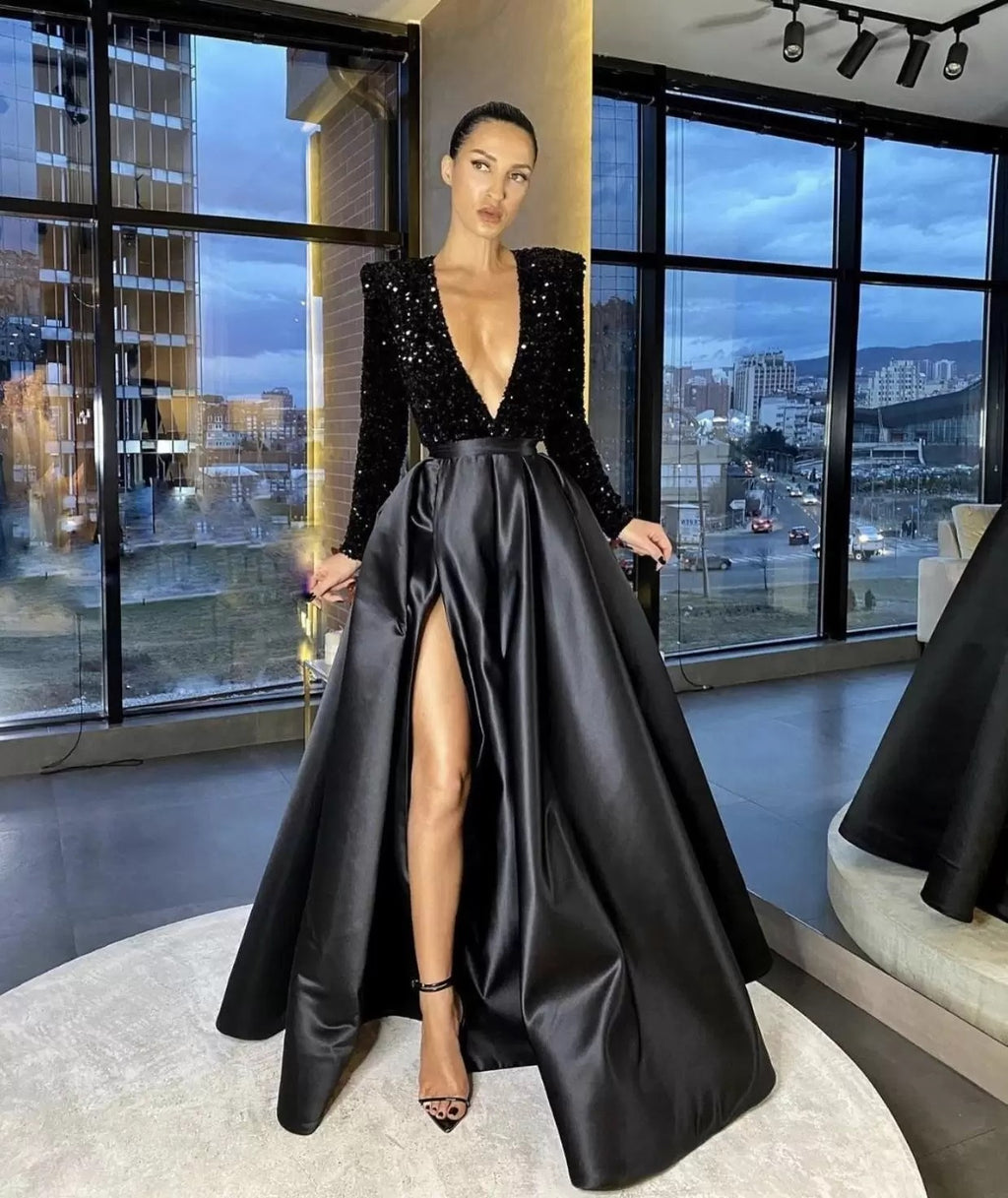 Robe de soirée longue à manches longues et col en V à paillettes pour femme, disponible en plusieurs couleurs